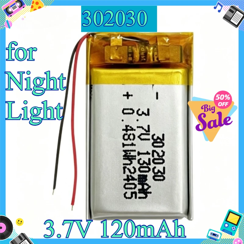 302030 Lithium Polymer Battery 3.7V 120mAh Li‑Po Battery for Night Light Makeup Mirror Selfie Stick Facial Sprayer
