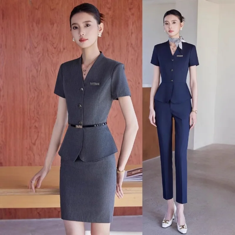 Short-sleeved women's professional suit for summer, suitable for hotel management, front desk reception, manager, and service st