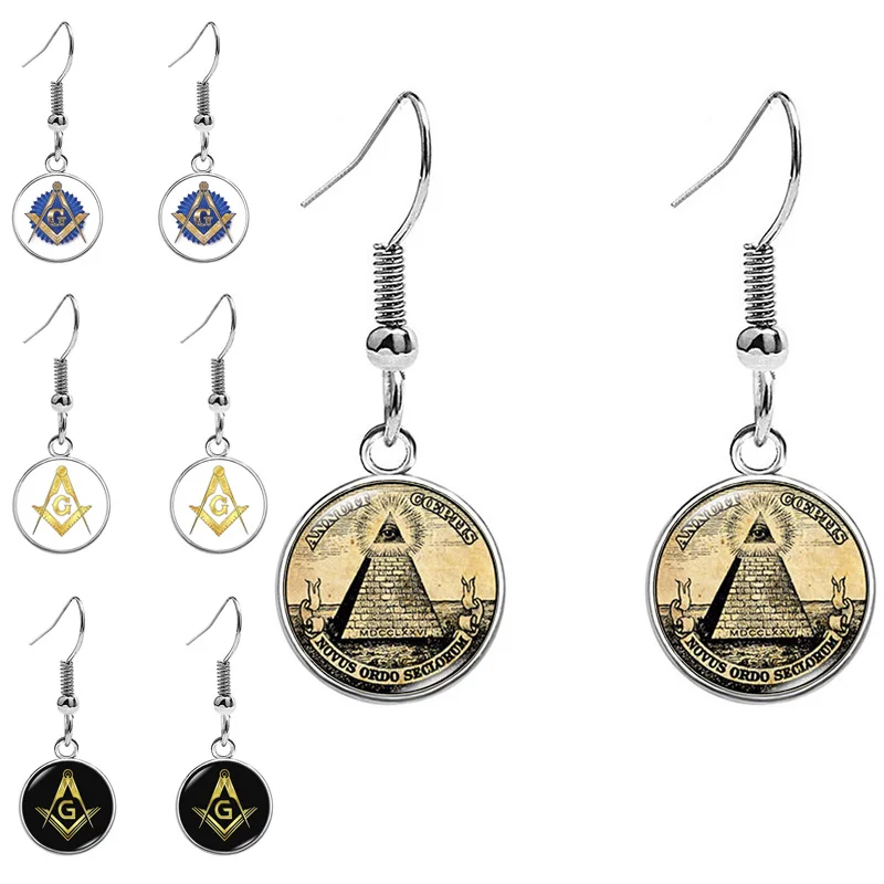 Masonic Earrings for Women Mason Freemason Compass and Square G Eye Glass Cabochon Drop Earring Accessories