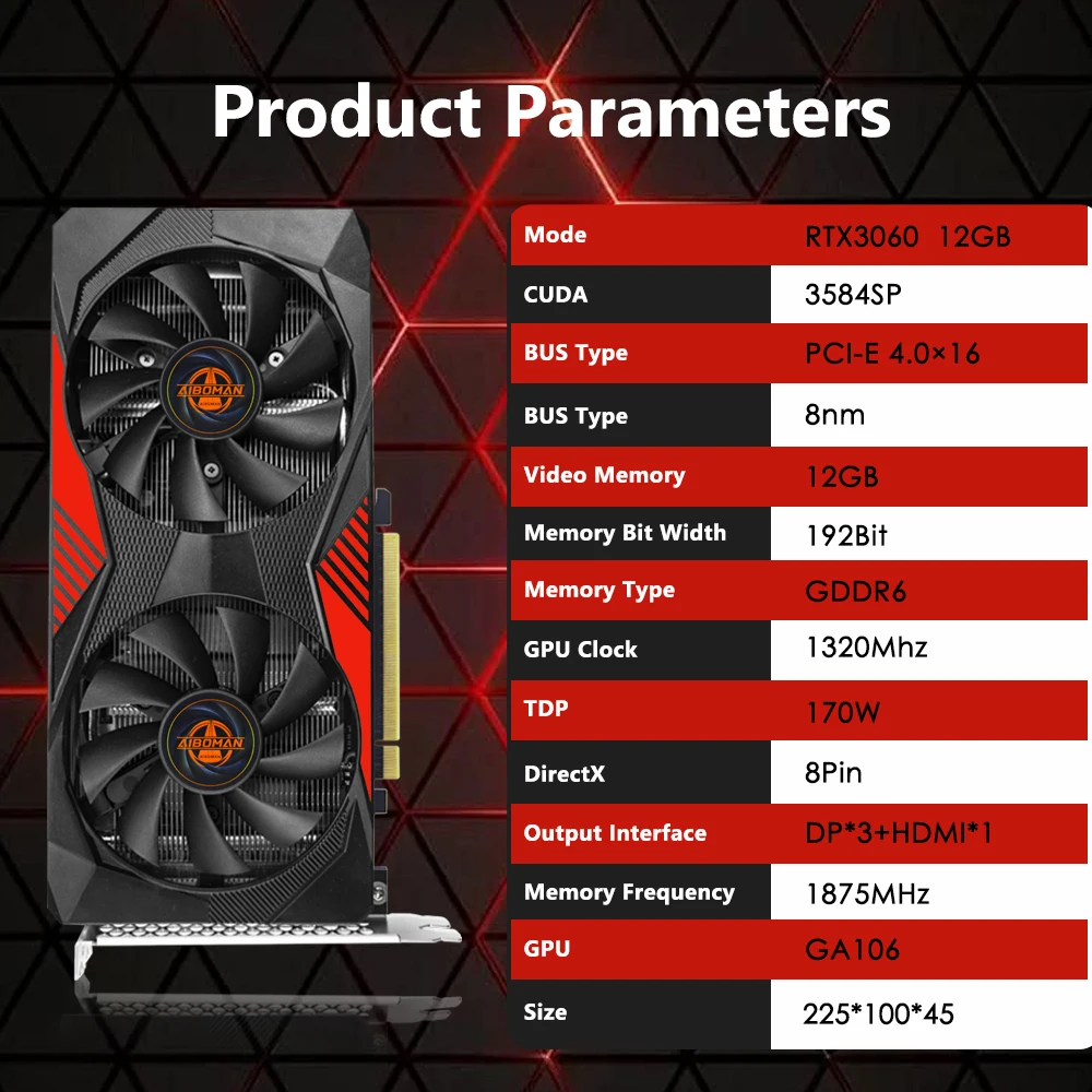 بطاقات الرسومات AIBOMAN GeForce RTX 3060 12GB NVIDIA GPU GDDR6 192bit 8Pin PCI-E 4.0 x16 rtx3060 12gb مناسبة للألعاب