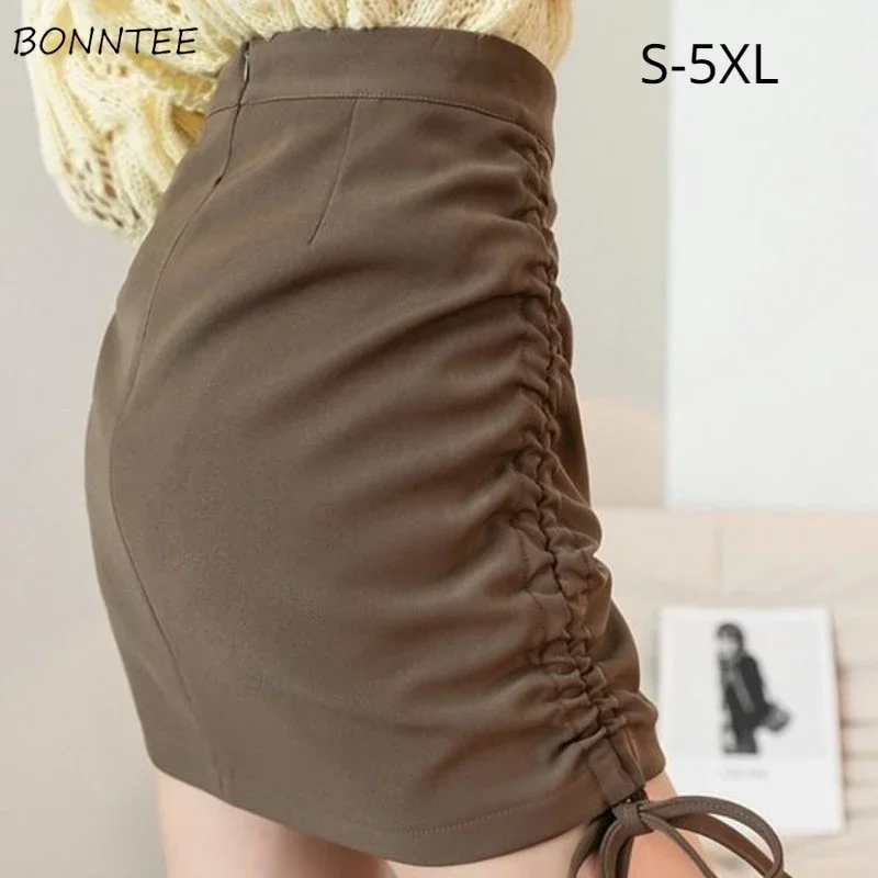 

Мини-юбки на шнуровке для женщин, свободные однотонные дизайнерские юбки трапециевидной формы, элегантные, яркие, милые, в корейском стиле, уличная одежда, шикарная