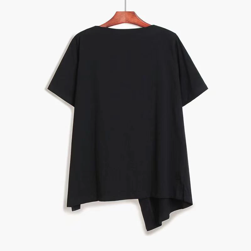 Plus Size Irregular T-Shirt Women asymmetrical Hem Split Tee Loose Fit Casual Short Sleeve Top Front Short Back Long Soild Tee