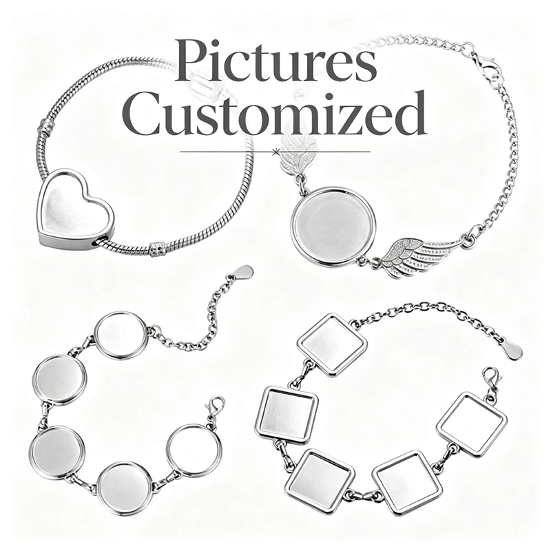 Fashion Photo Picture Customized Round Wings Square Heart Shape Italian Stainless Steel Personalized Lucky Bracelets DIY Bangles