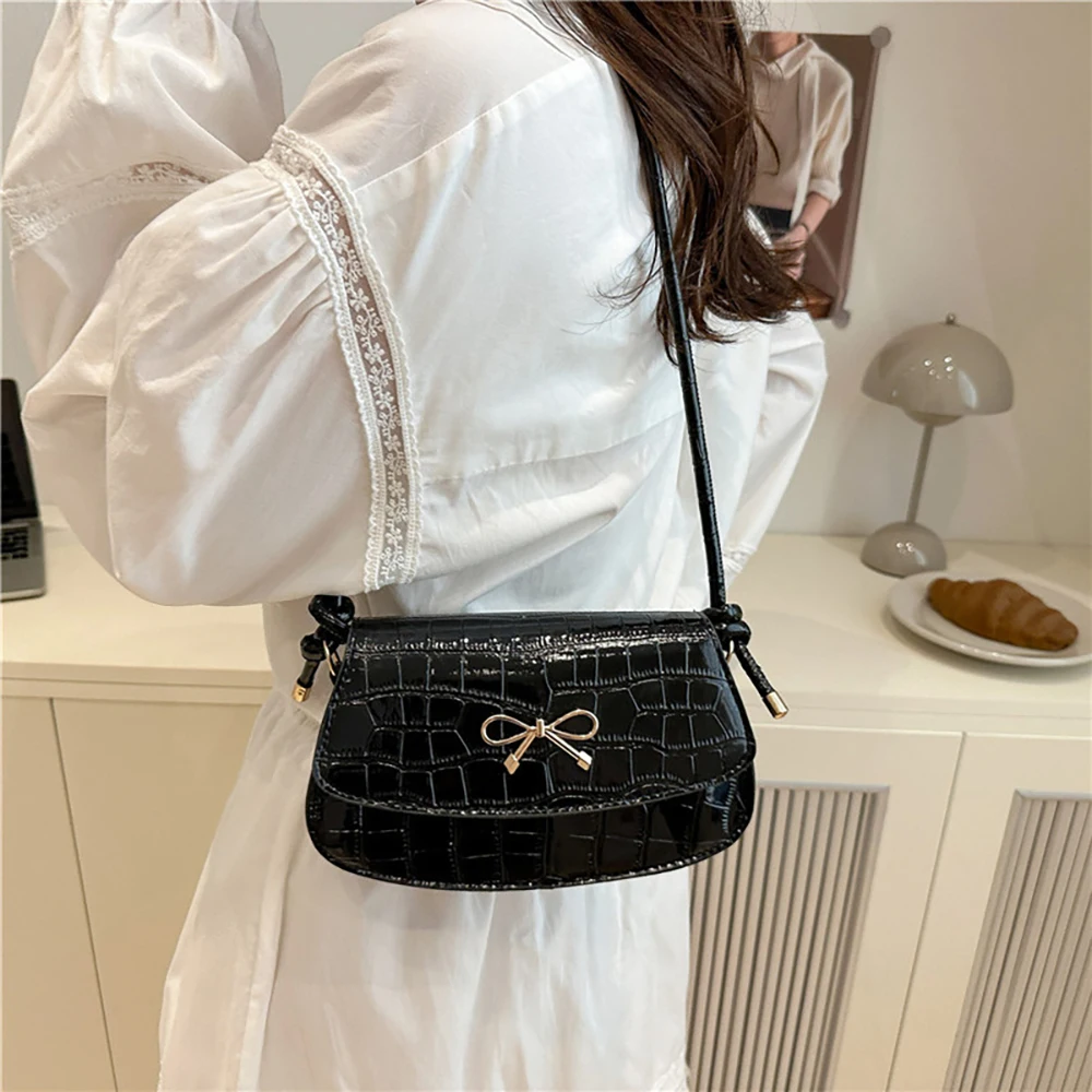Fashion Bow Underarm Bag Women Patent Leather Stone Pattern Single Shoulder Bags 2025 Simple Commuter Versatile Crossbody Bag