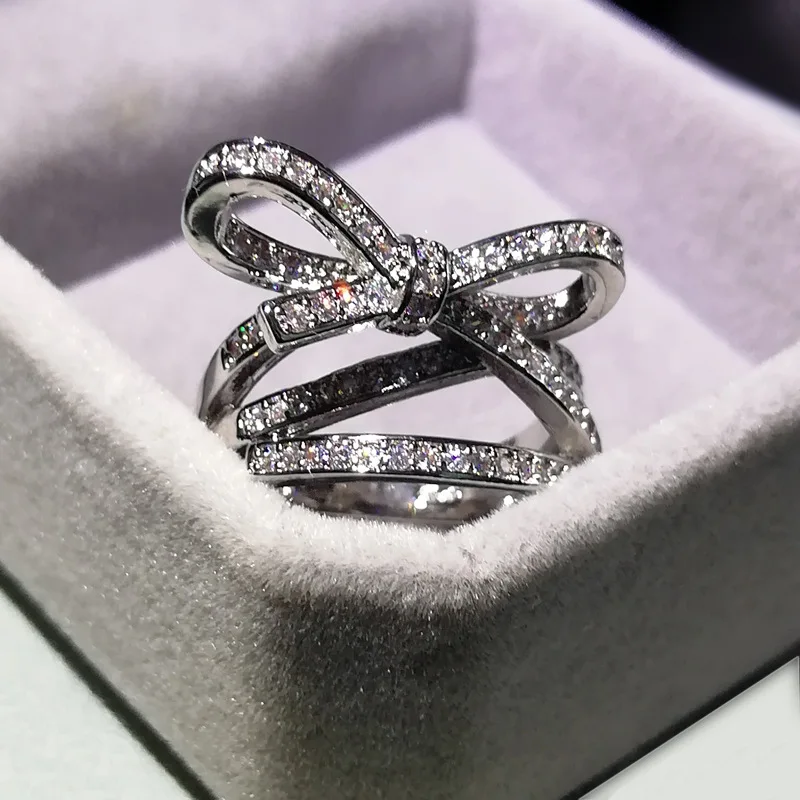 Exquisite 925 Sterling Silver Female Ring Bow Knot AAAA Cubic Zirconia High-end Butterfly Jewelry Wedding Bridal Ring Mozanstone