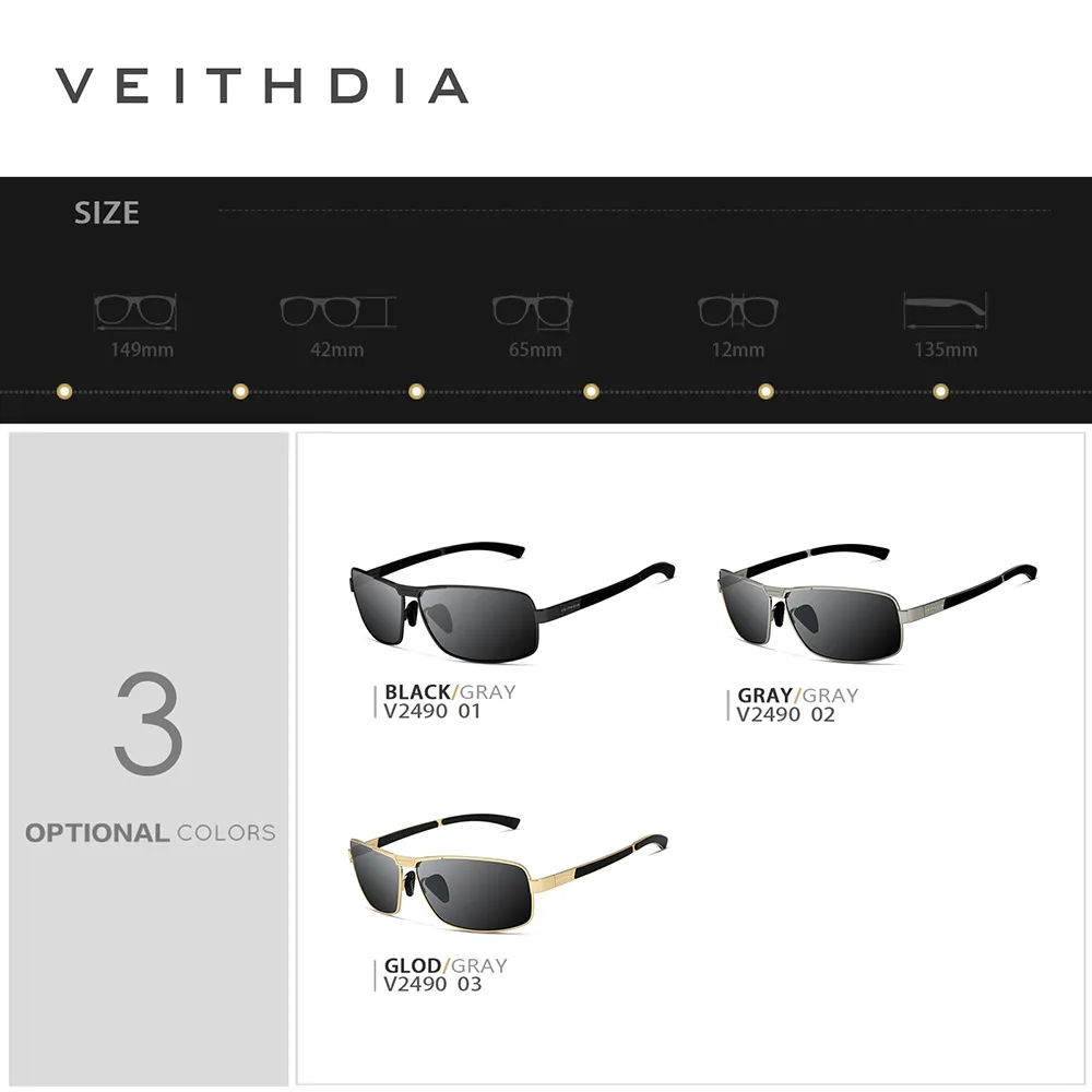 VEITHDIA Men Sunglasses Vintage Polarized UV400 Lens Driving Sun Glasses Rectangle Eyeglasses For Male Eyewear Accessories 2490