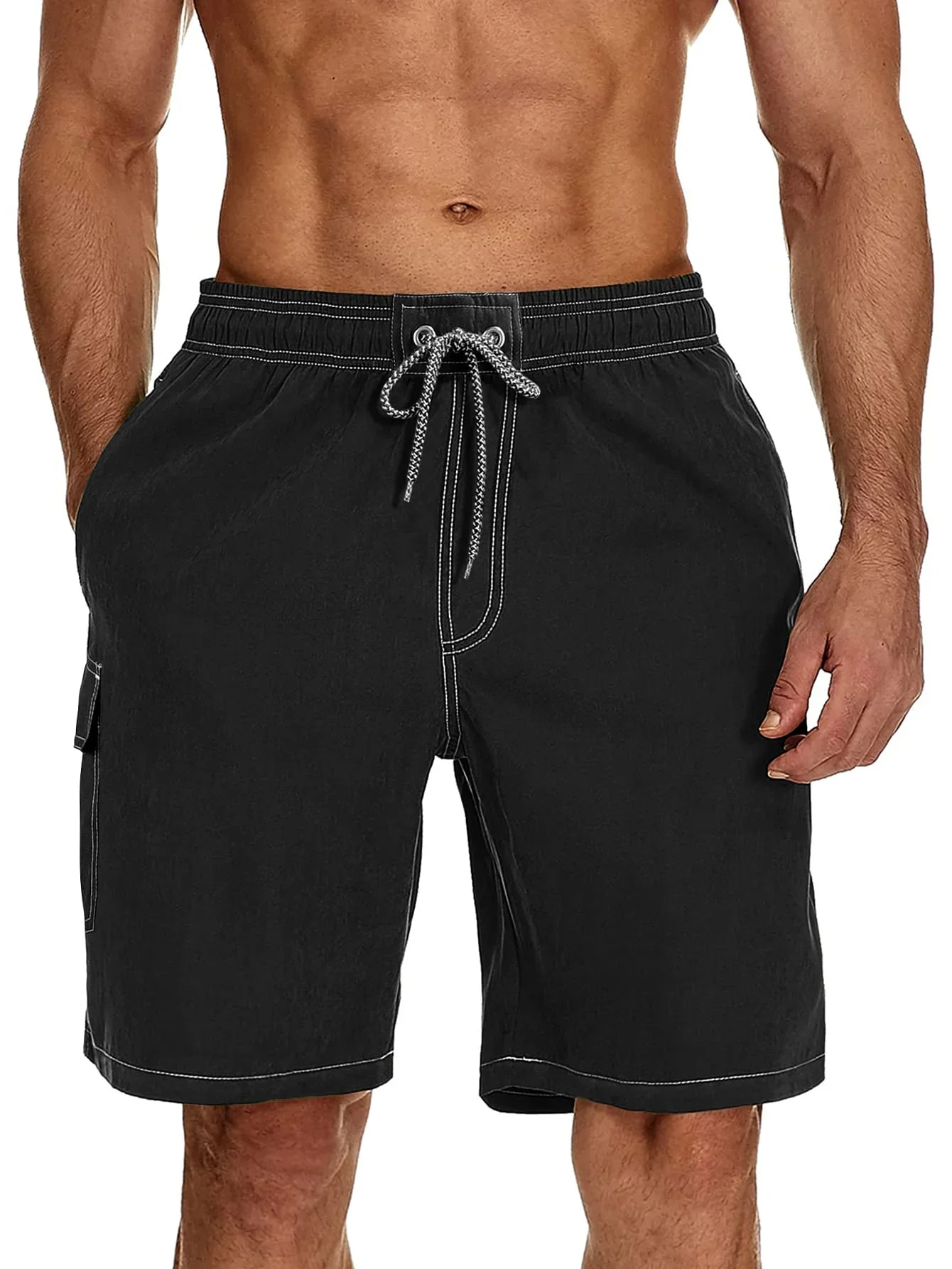 Men Top-Stitching Drawstring Waist Swim Trunks, Men Cargo Swim Trunk, Shorts For Men Beach