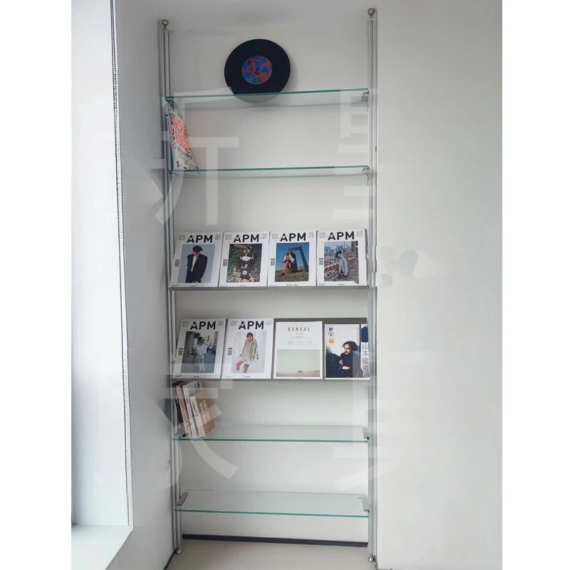 

Narrow medieval CD shelf against the wall, floor-to-ceiling multi-layer magazine storage display rack