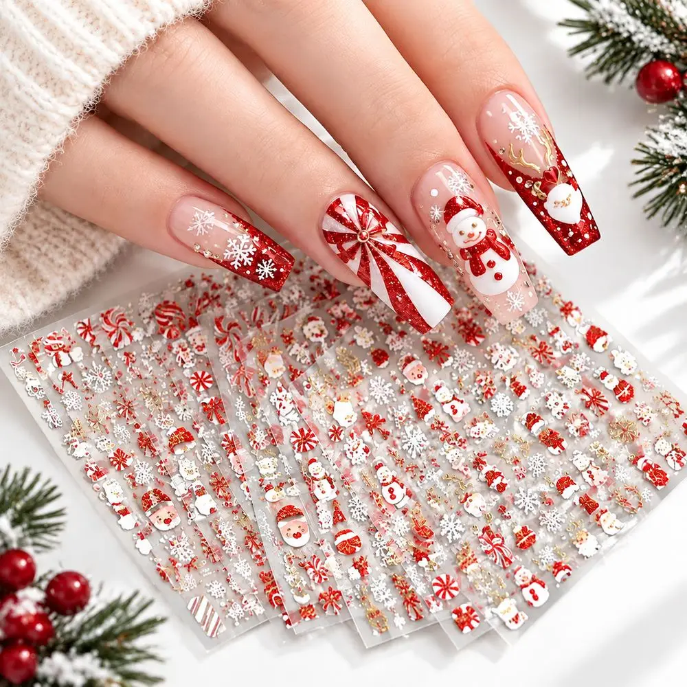 12Pcs Scratch-Resistant Elegant Nail Stickers Red Glitter Gold Detail Santa Hat Candy Box for Winter Vacation Trip Nail Decor