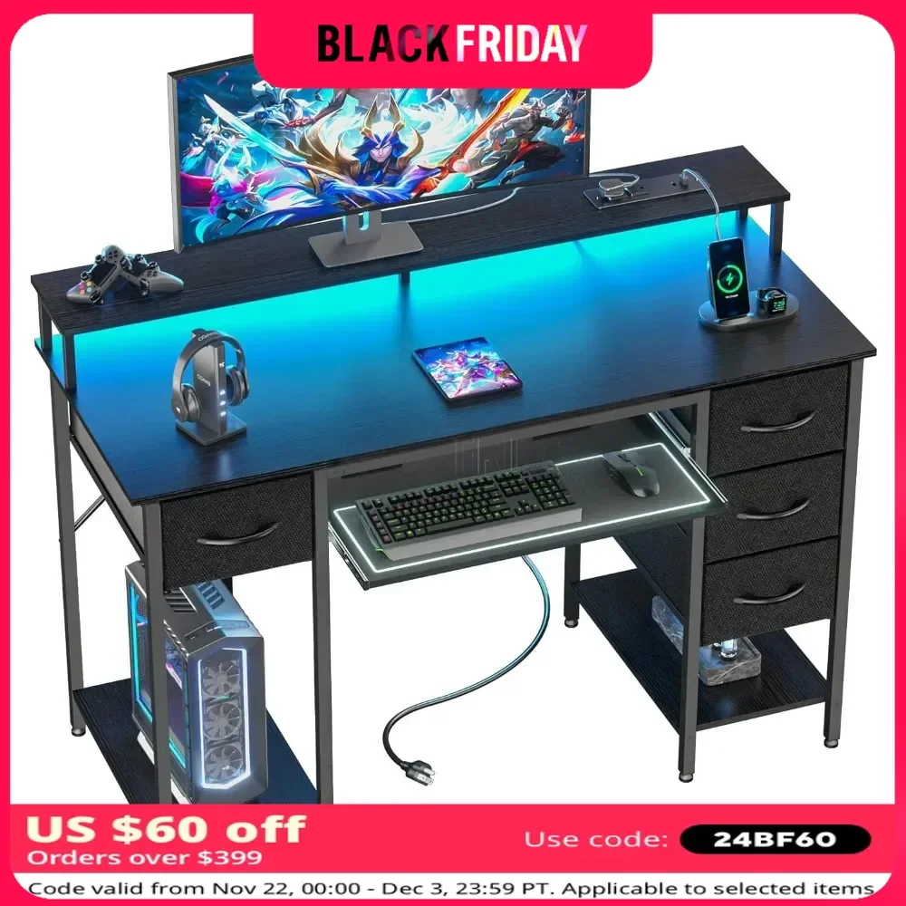 Computer Desk with Drawers and Power OutletsStudy Writing Work Desk for Home Office