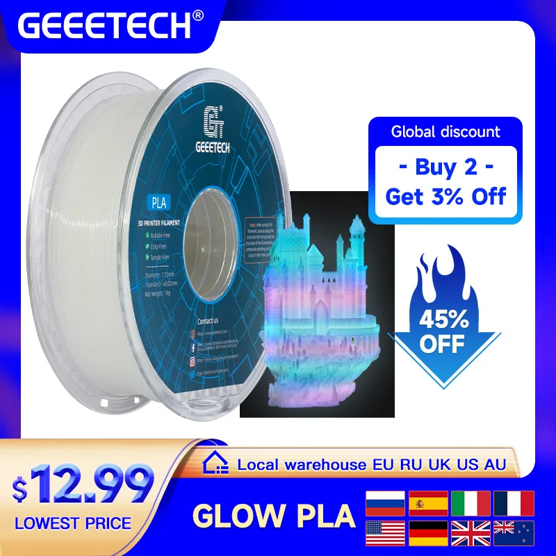 

GEEETECH Glow PLA 1,75 мм, 1 кг, светится в темноте для 3D-печати, ночник, светящийся, 8 цветов, материал для 3D-принтера, заводской склад