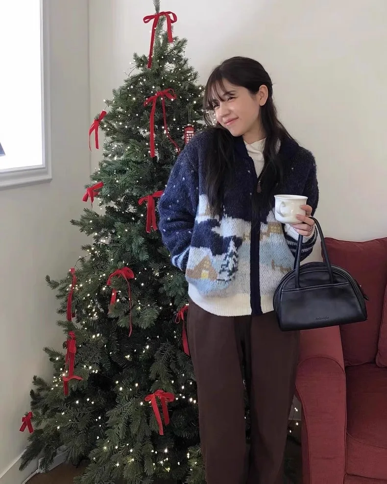 سستة محبوك سترة طوق معرض جزيرة عزر سترة مفتوحة فضفاضة لخريف شتاء المرأة Faion تريكو غير رسمي