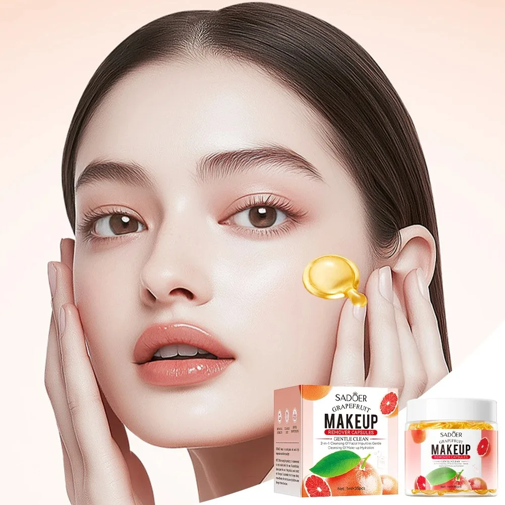 Sadoer Grapefruit Makeup Remover Capsules, Cleanses and Dissolves Makeup, 1ml*35 Capsules, Portable Makeup Remover Oil