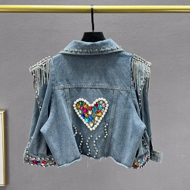 Women Short Denim Jacket Coat Spring New Pearl Diamonds Chain Tassel Frayed Burrs Hem Half Sleeve Female Jeans Jacket Streetwear