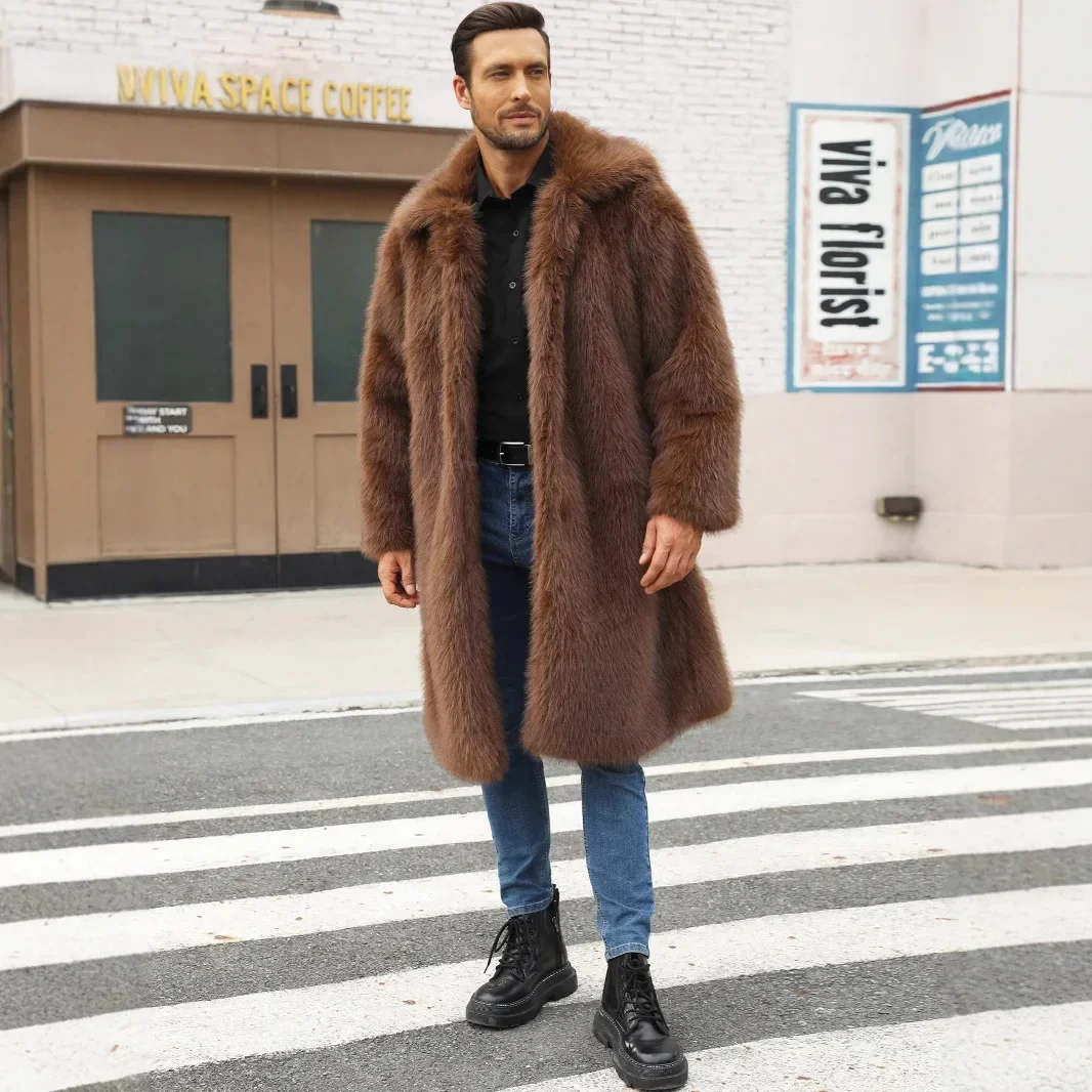 Men Faux Fox Fur Jacket Autumn Winter Thick Maxi Coat Long Sleeve Warm Luxury Fur Black Parkas Bontjas Furry Shaggy Outerwear