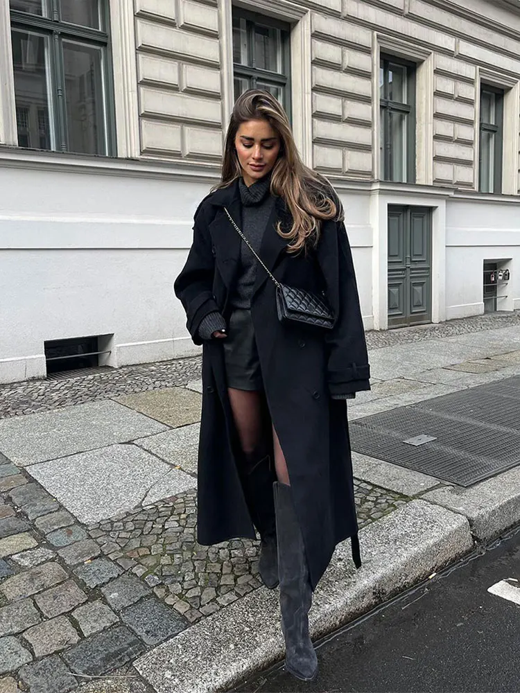 Black Lapel Women Woolen Overcoat With Belt Autumn Female Double-breasted Long Sleeve Loose Coats 2024 Lady High Street Outwear