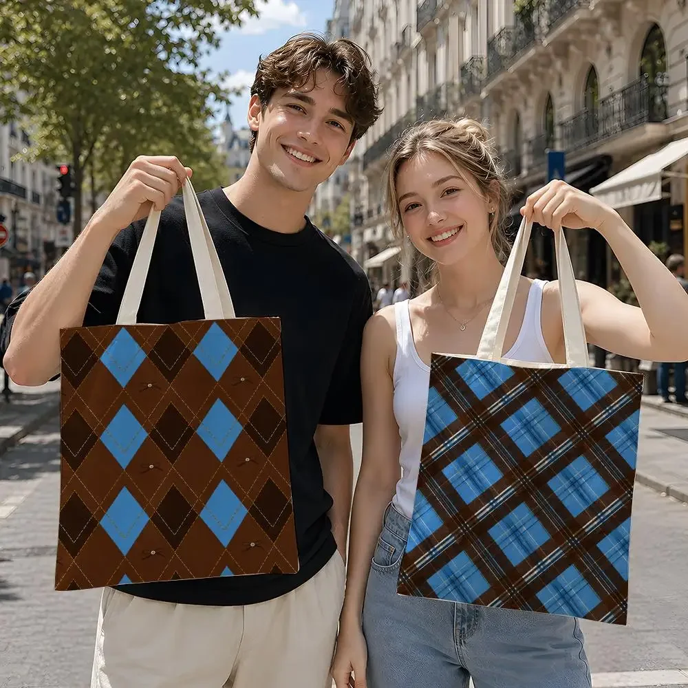 Pattern Vintage Blue Brown Bow Patchwork Storage Bags Reusable Canvas Tote Suitable for School Class Commuting Shopping as Gifts