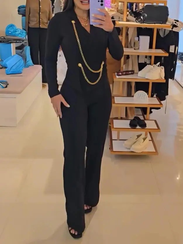 

Chain & Button Decor Notched Collar Overlap V-Neck Slit Spliced Overalls Women Casual High Waist Seam Front Zipper Back Jumpsuit