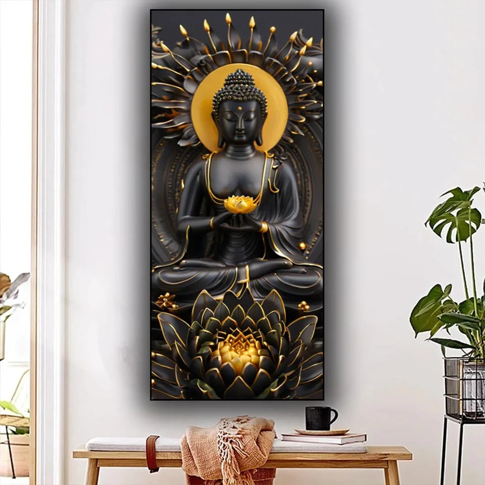 

Яркий черный и золотой лотос Будда DIY алмазная живопись современный большой размер искусство Алмазная мозаика вышивка крестиком домашний декор религия