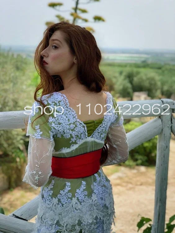 Rose Dewitt Titanic Bukater Tea Prom Dress Long Sleeve Edwardian Belle History Fashion Evening Gown Floral Lace with Red Belt