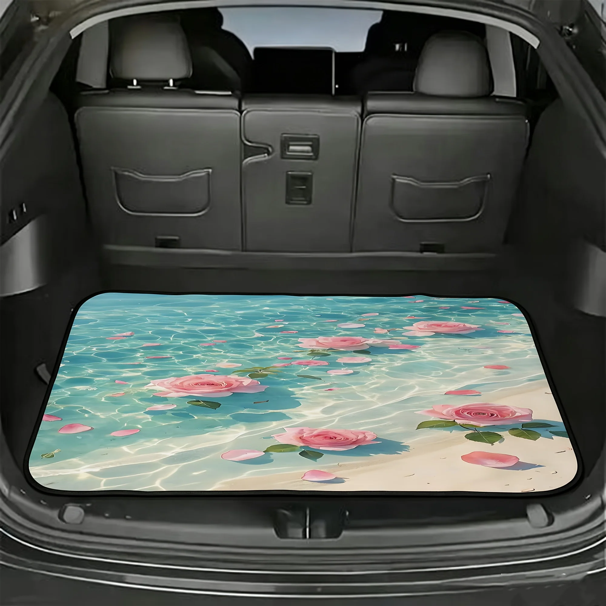 Fit Car Trunk Mat Suitable For Sedans, Trucks, SUVs - Pink Roses Clear Water Sandy Shore, Non-Woven Single-Layer All-Season Line