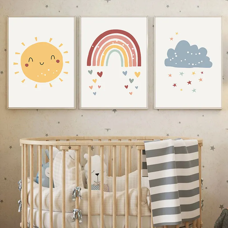 Modern Cute Sun Rainbow Cloud Canvas Poster Prints Alphabet Number Wall Decorative Picture for Kidsroom Nursery Home Art Decor