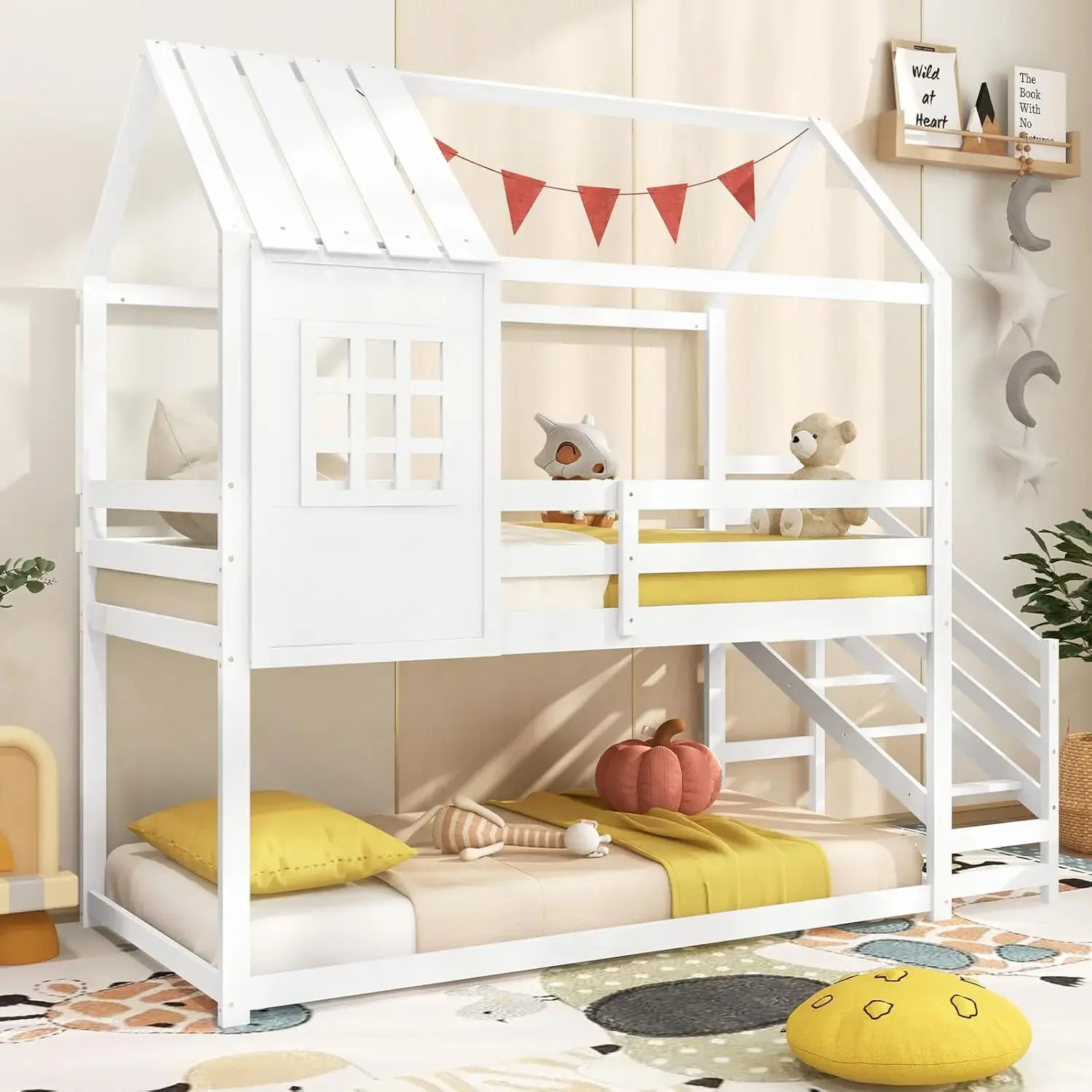 Twin Bunk Beds with Stairs, Floor House Bed W/Roof & Window, Length Guardrails & Steps, Space-Saving House Bed for Kids, White