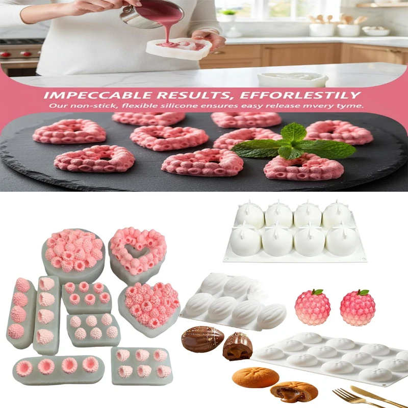 1PC Small Raspberry Mousse Candy Mold Baking 3D Raspberry Pudding Baking Mold Dessert Chocolate Mold Fruit Cake Decorating Tools