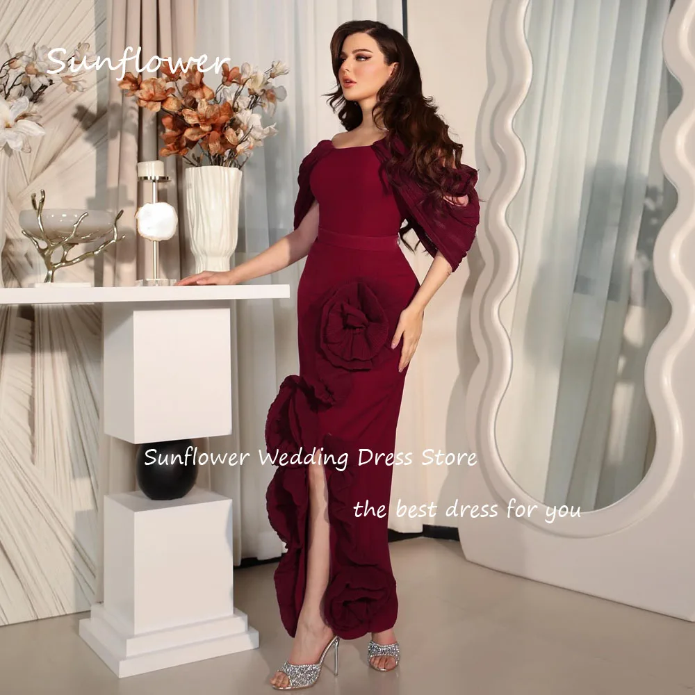 Sunflower Burgundy Strapless 3D Flowers Crepe Mermaid Prom dress 2024 Slim Off The Shoulder Ankle-Length Formal Evening Dress