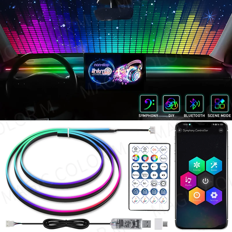 Vegetting 140cm Car Ambient Lights LED Interior RGB Symphony Atmosphere Lamp USB APP Control Remote for Tesla Model 3 Y S X