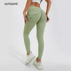 Mallas de LICRA de alta calidad para mujer, Leggings de cintura alta con bolsillos, para entrenamiento, gimnasio, Yoga, 2023