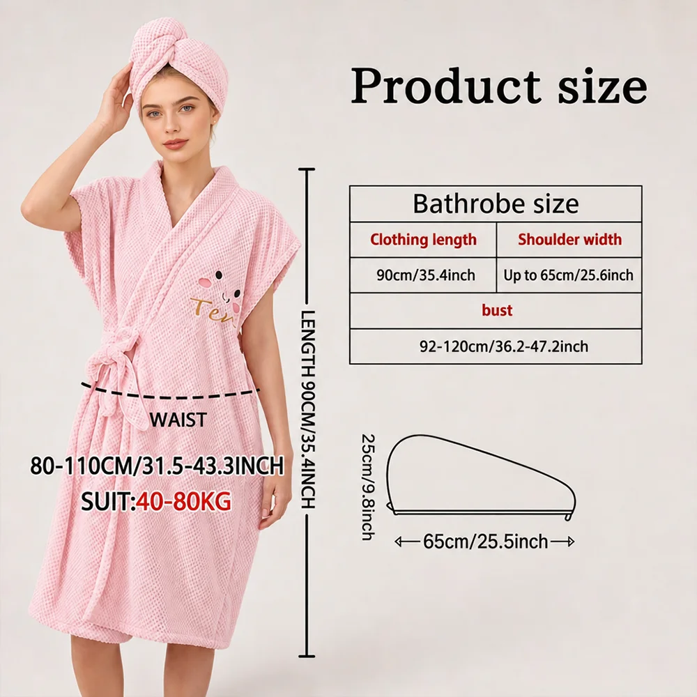 Women's Bathrobe 2 Pcs Soft Comfortable Water Absorbent Bathrobe Quick Drying Bath Towel, Bathing Accessories for Home Bathroom