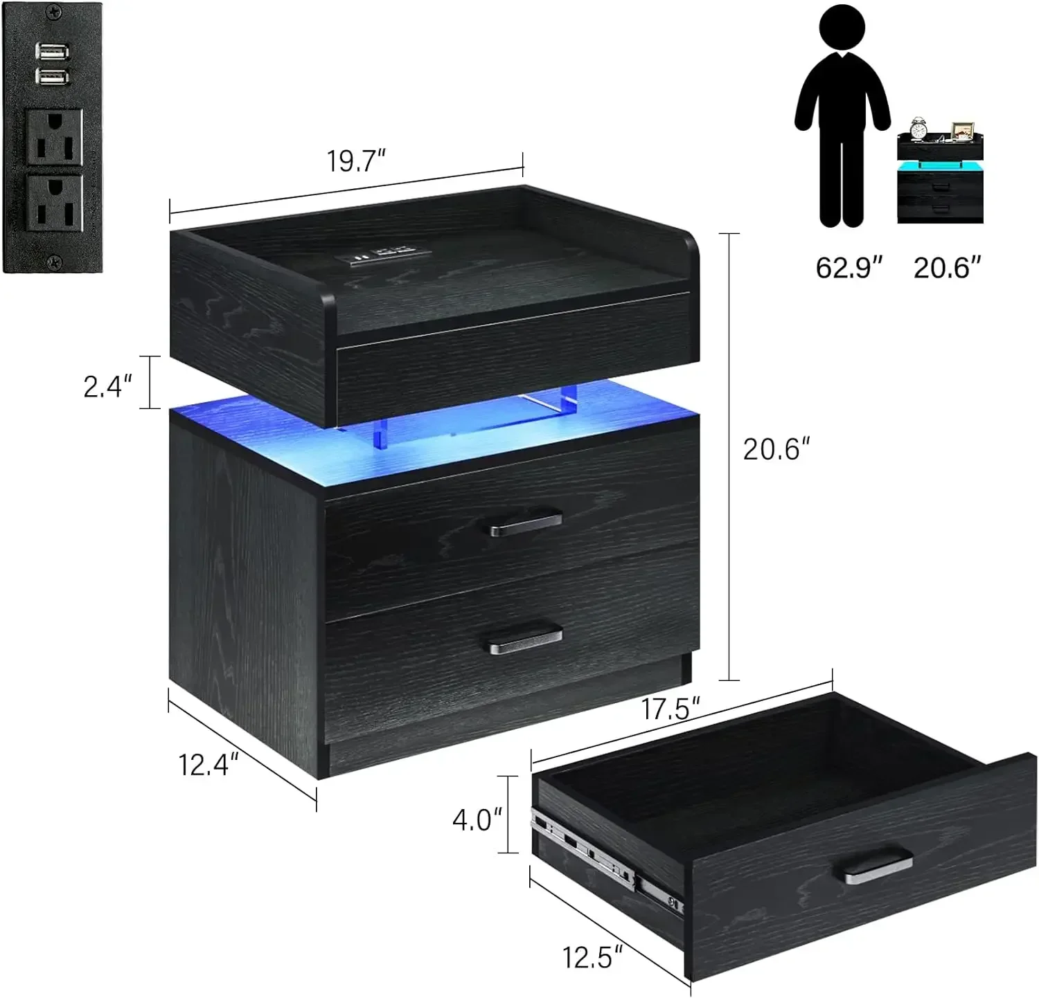 Floating Nightstand with 2 Drawers, LED Nightstand with Voice-Activated Mode, Side Table End Table with Charging Station (Black)