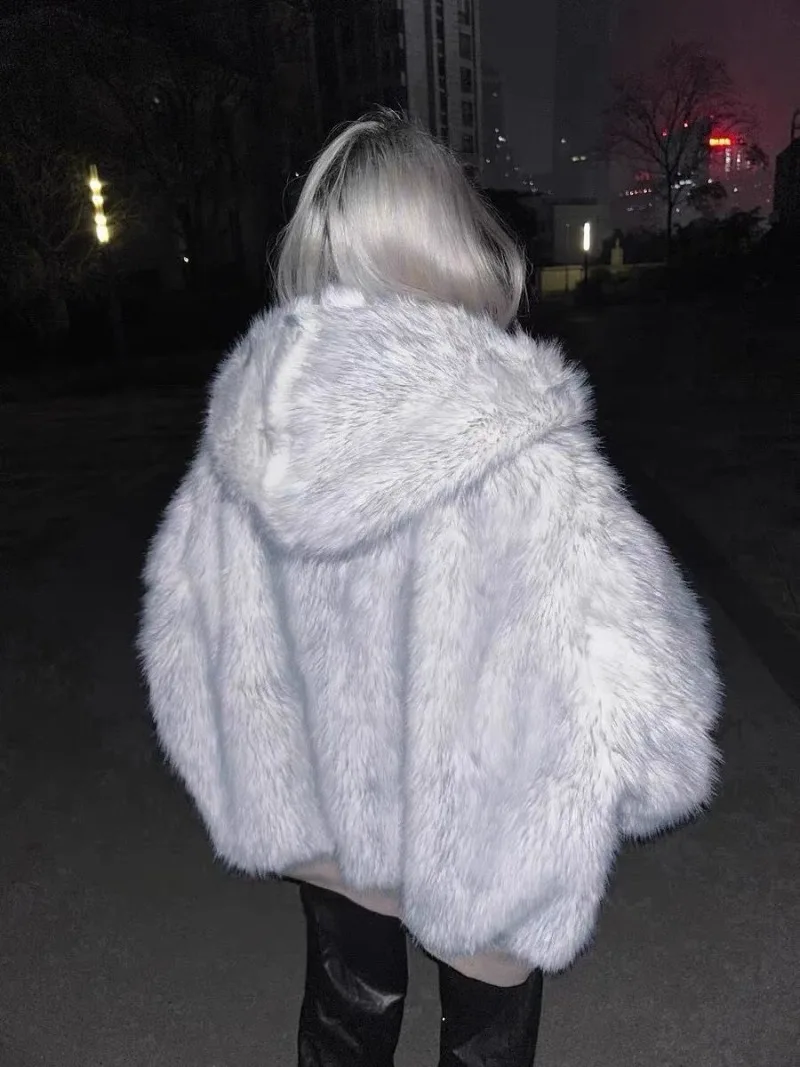 Y2K Harajuku šedá bílá oboustranná plyšová bunda pro ženy, trendy značka gothic ležérní streetwear podzimní a zimní teplá kapuce - náhled 3