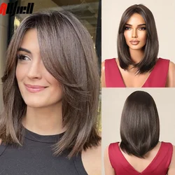 Medium Length Straight Dark Brown Synthetic Wigs with Bangs Short Bob Wig for Women Daily Cosplay Natural Hair Heat Resistant