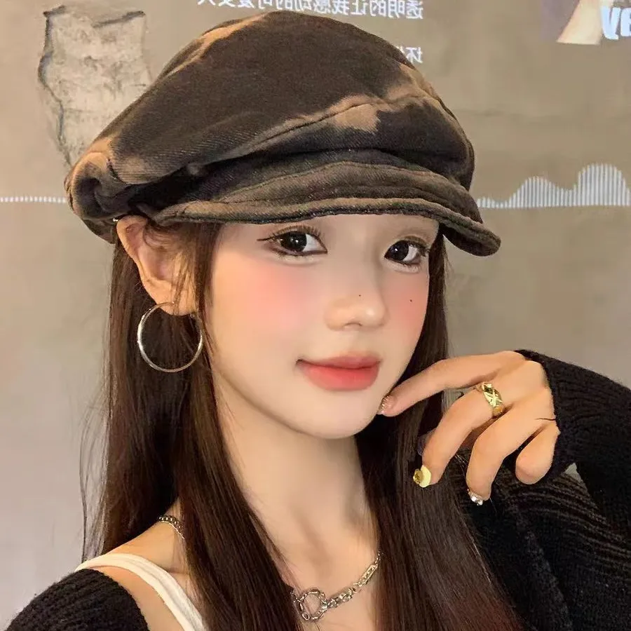 

Japanese Retro Pleated Washed Denim Berets for Women Show Face Small Spring and Autumn Casual Versatile Literary Painter Hats
