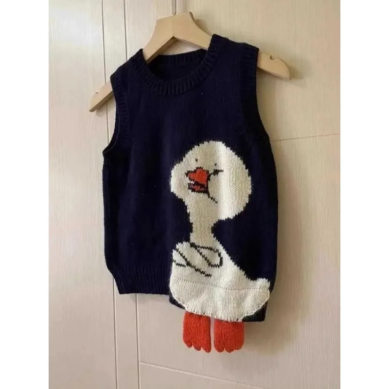 Korean Loose Lazy Style Cartoon Duck Vest Sweater Design Niche Retro Black Sweater for Women Autumn and Winter