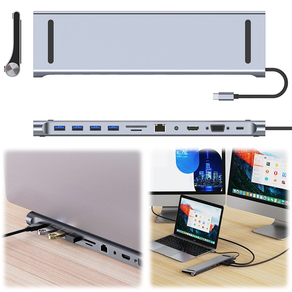 11 in 1 USB C Docking Station with 4K HDMI-Compatible VGA Ethernet Type C Hub 100W PD SD/TF Audio Multiport Adapter for MacBook