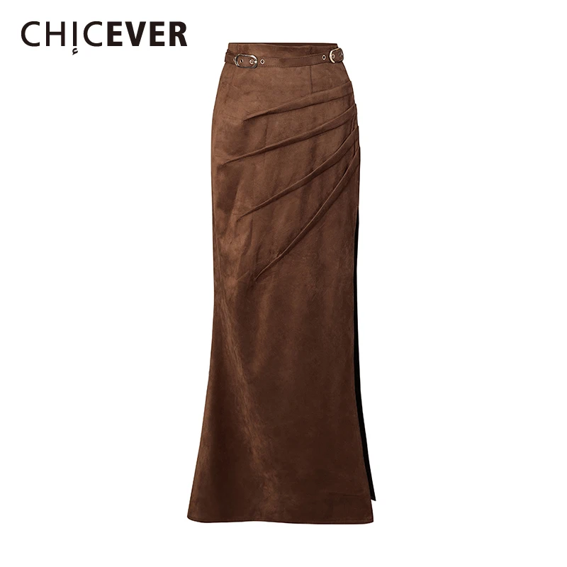 

CHICEVER Brown Spliced Folds Basics Skirt Female High Waist Slimming Hot Girl Retro Women's Long Skirts Autumn Style Fashion New