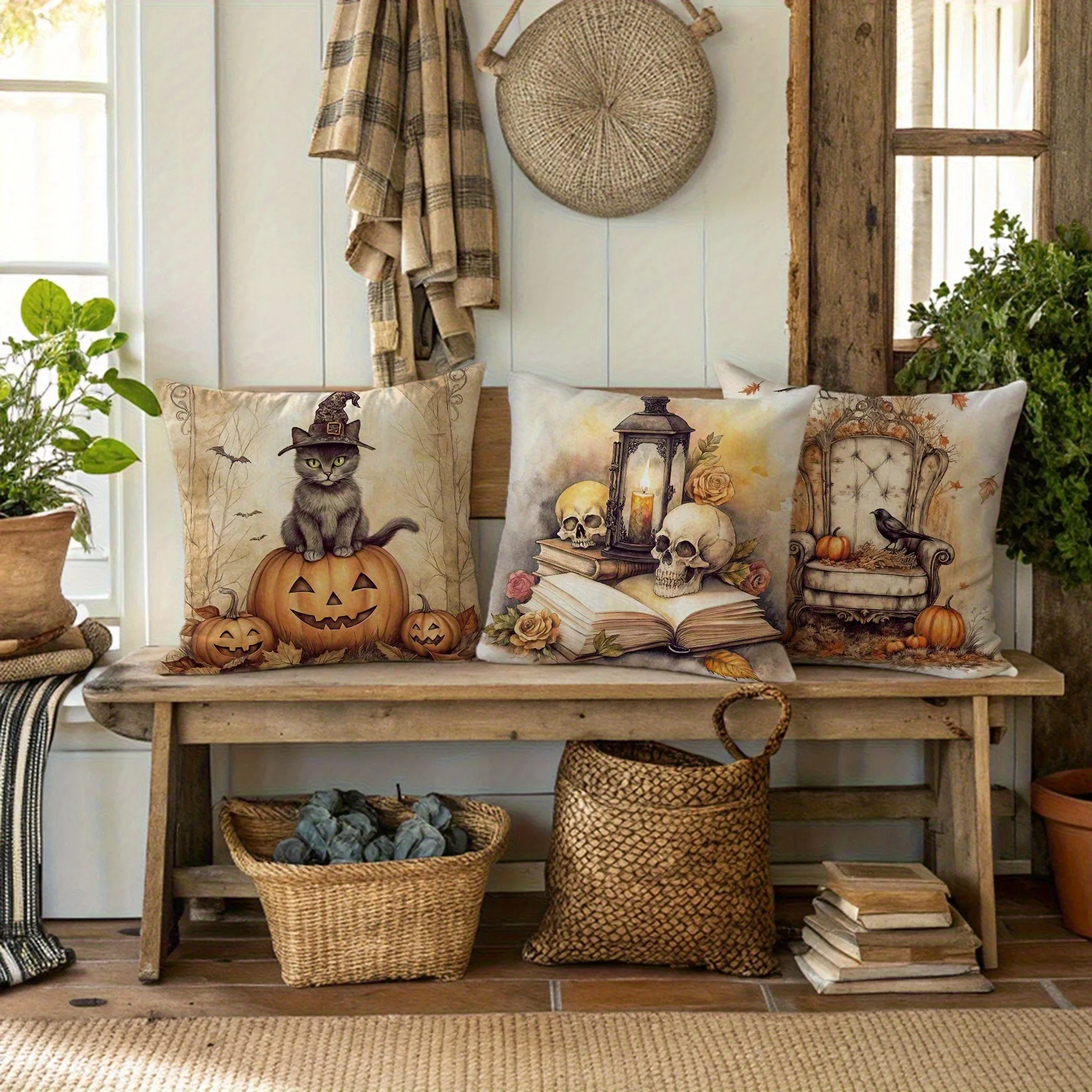 أغطية وسائد الهالوين المخيفة: قطة على اليقطين، جمجمة وفانوس، كرسي وغراب، كتب وقبعة ساحرة، غطاء وسادة أريكة هدية #2