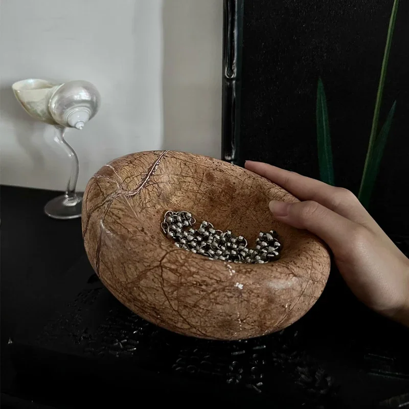 【Natural】Brown Marble Stone Bird's Nest Shape Bowl Jewelry Necklace Storage Container Art Ornament Home Decoration