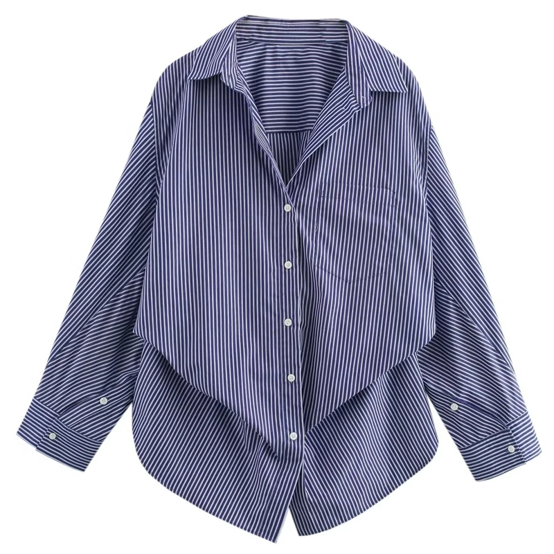 TRAF Women Shirts Striped Blue Blouse Shirts & Blouses Autumn Spring Ruffled Batwing Sleeves Oversized Shirt Frill Loose Blouse