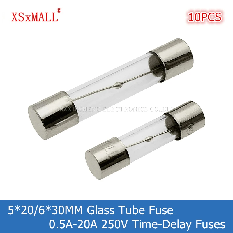 10PCS 5*20/6*30MM Slow-Blow Glass Tube Fuse T0.5A 1A 1.25A 1.5A 1.6A 2A 2.5A 3.15A 4A 5A 6.3A 7A 8A 10A 15A 20A Time-Delay Fuses