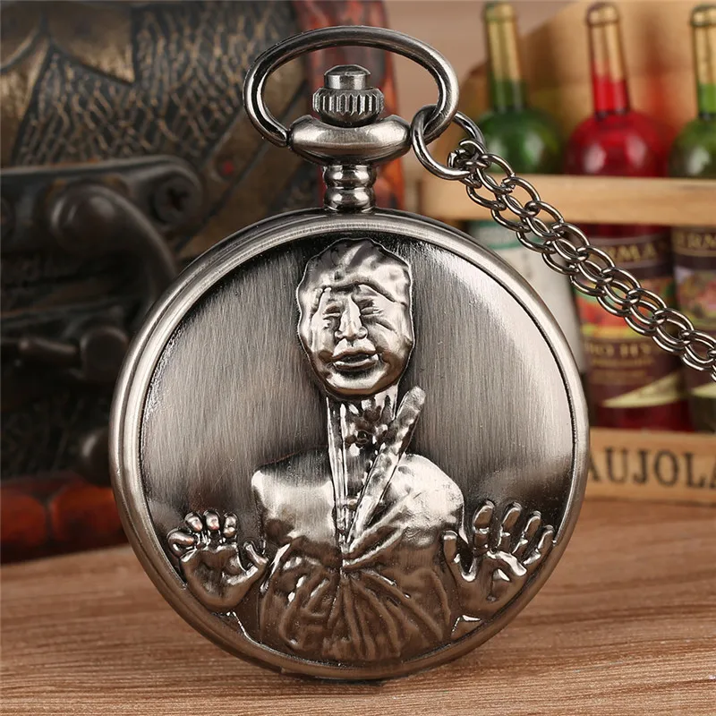 Retro Bronze Carved Long Neck Design Men Women Pendant Quartz Pocket Watch Necklace Sweater Chain Arabic Number Display Clock