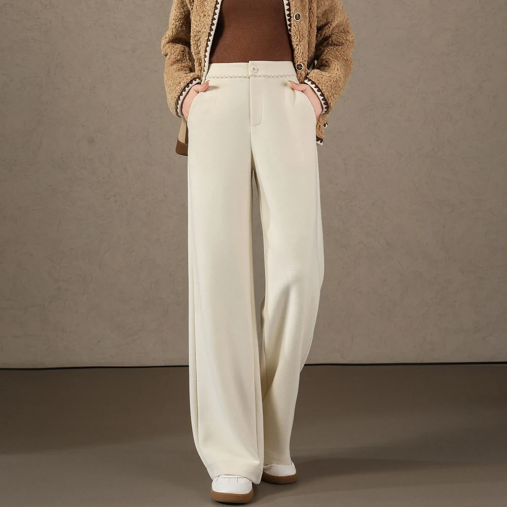 

Оверсайз шерстяные широкие брюки женские осенне-зимние утепленные теплые свободные прямые повседневные костюмы с высокой талией и вышивкой брюки