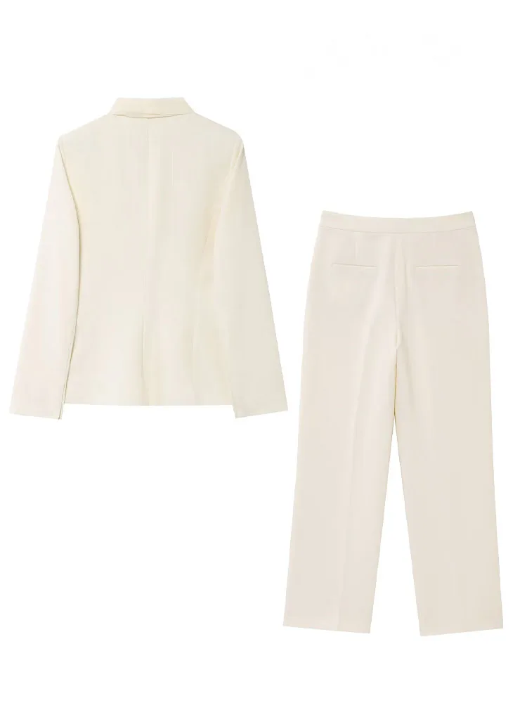 HH Primavera Donna Abito solido Sciarpa sottile Colletto rovesciato Blazer Top a maniche lunghe + Cerniera Pantaloni a gamba dritta in vita midi Set