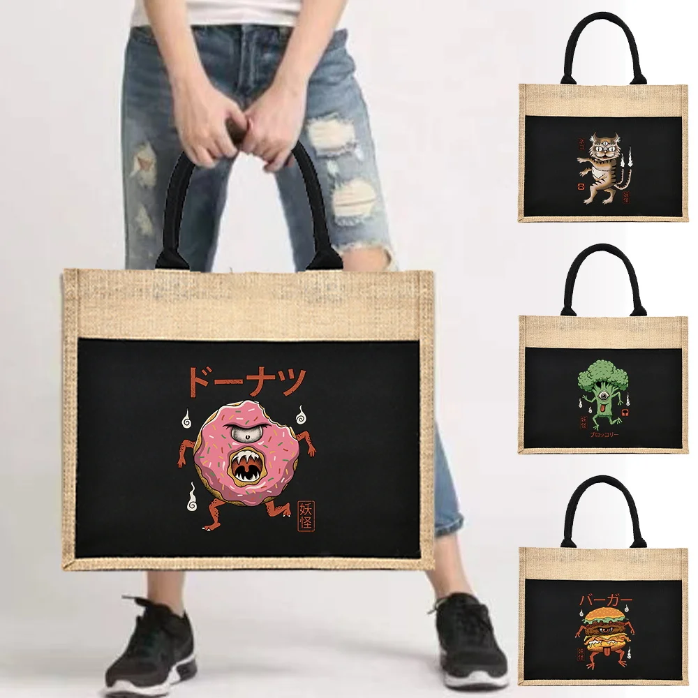 Vintage Cute Monster Print Shopping Bags Linen Tote Shopper Purses Summer Beach Handbags Portable Eco High Capacity Top Handle