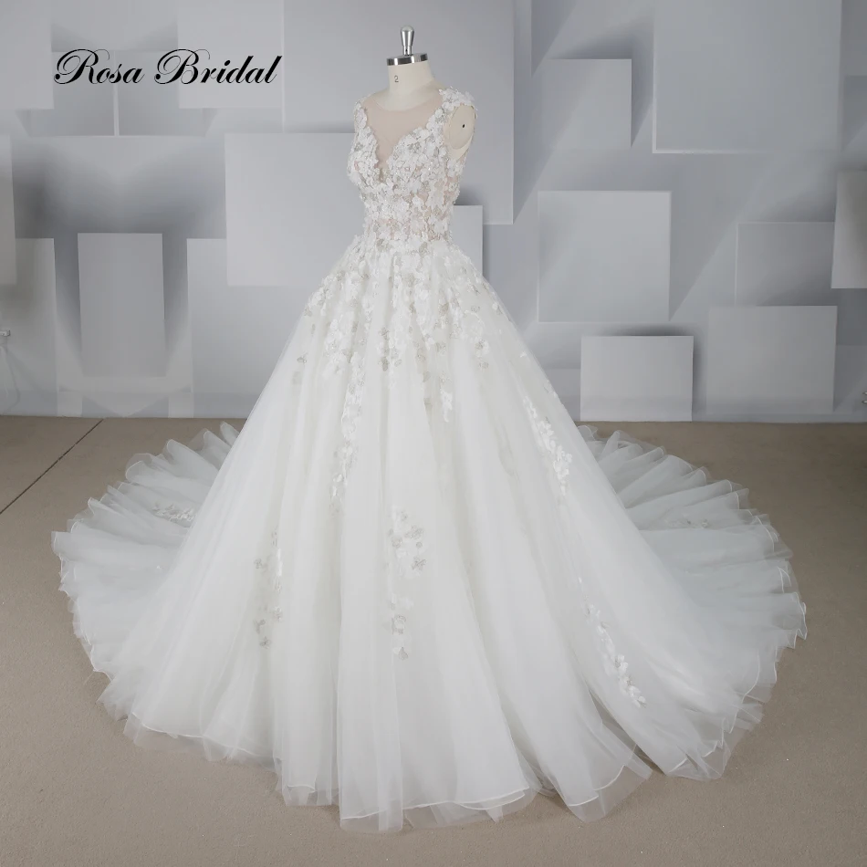 V-Neck Lace Applique 3D Flower Wedding Dress