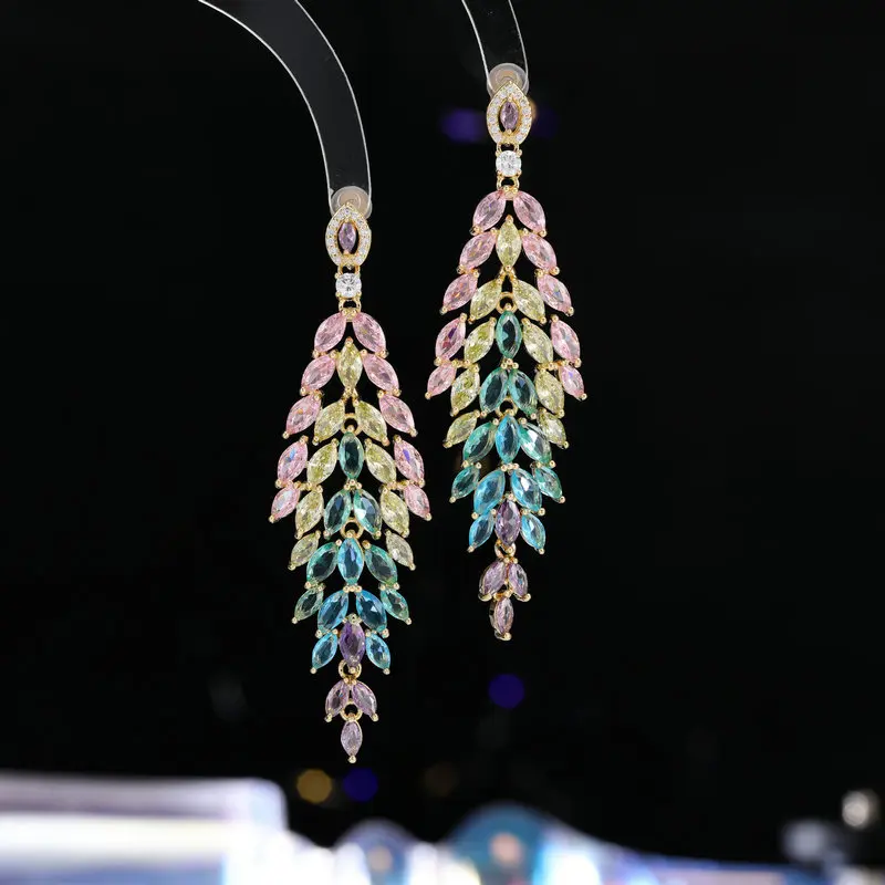 

European and American Light Luxury S925 Long Tassel Colorful Zircon Earrings S925 Silver Needle Bridal Elegant Ban