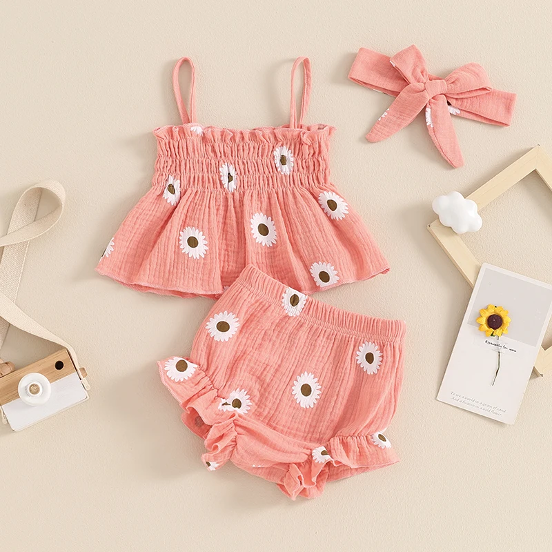 Toddler Newborn Baby Girl Summer Clothes Set Spaghetti Straps Pleated Flower Print Camisole with Shorts and Hairband Outfit